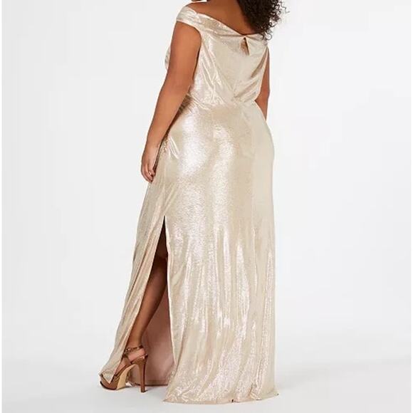 Calvin Klein Gold Metallic Sequin Off-the-Shoulder Ruched Maxi Evening Gown 16W - Picture 8 of 11